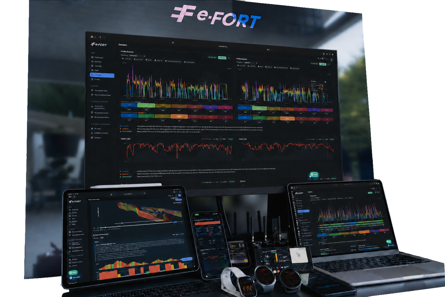 e-FORT sur ordinateur, tablette, téléphone, compteur et montres
